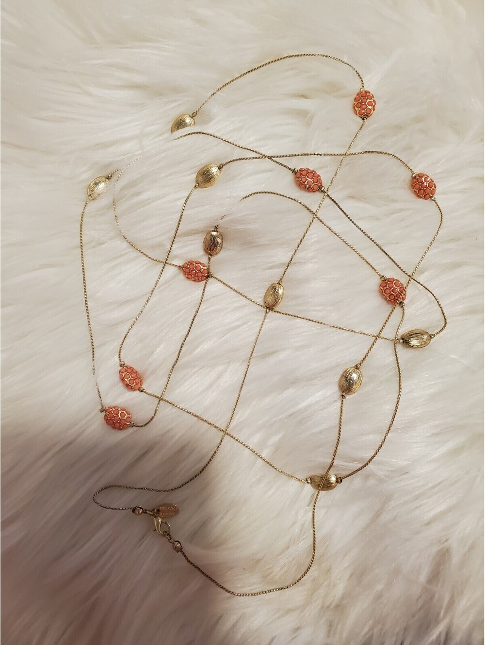 Marlyn Schiff Necklace 60" Gold Tone Orange Beaded